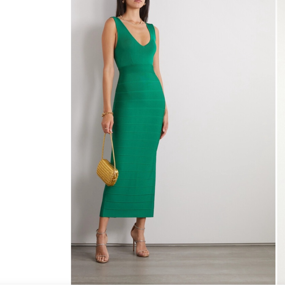 Herve Leger Icon V-Neck Bandage Green Gown Dress